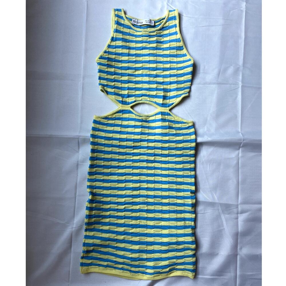 Bershka Yellow and Blue Striped Mini Dress With Cut Out Sides Size Small